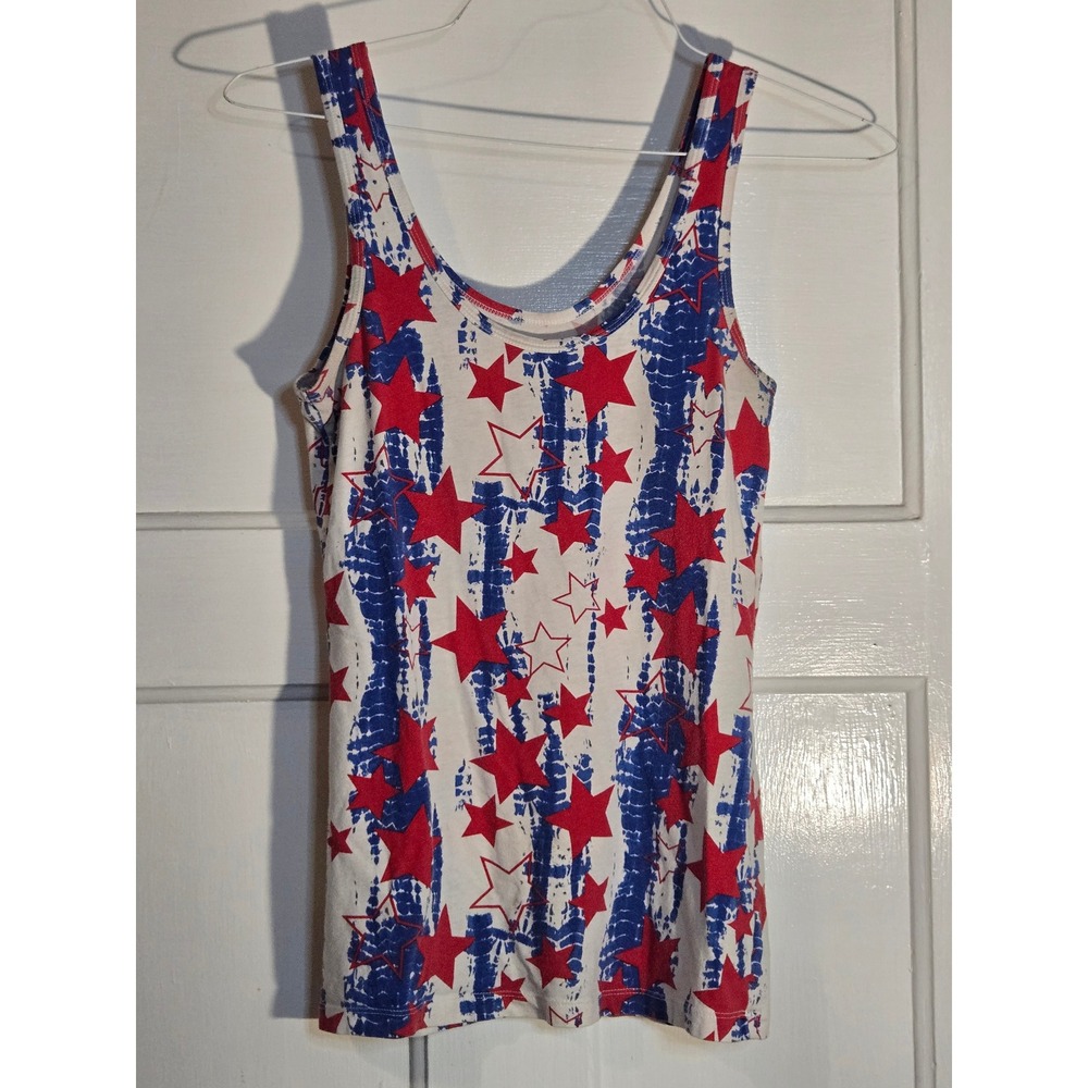 No Boundaries Womens Patriotic Stars Tie Dye Tank Top Red White Blue Medium 7-9